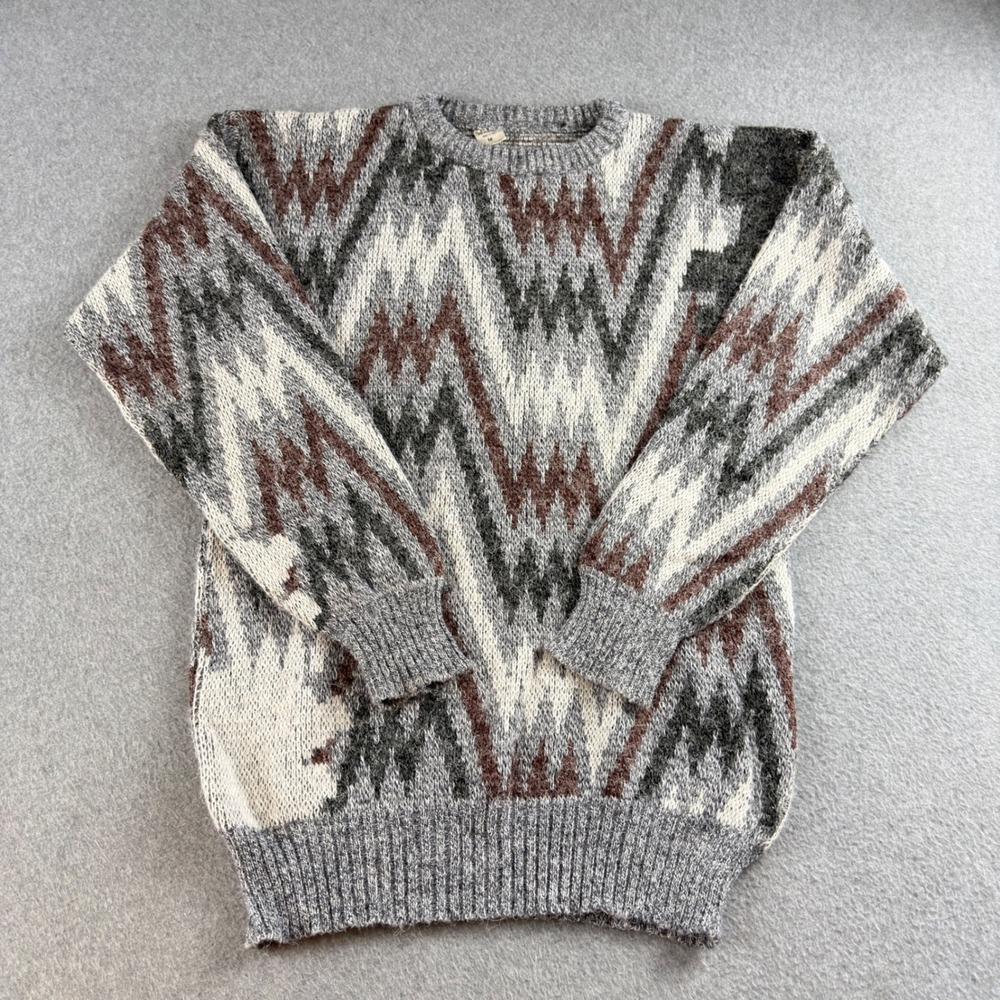 Vintage Made in Italy Wool Blend Zigzag Knit Crew Neck Sweater Mens Medium Grey